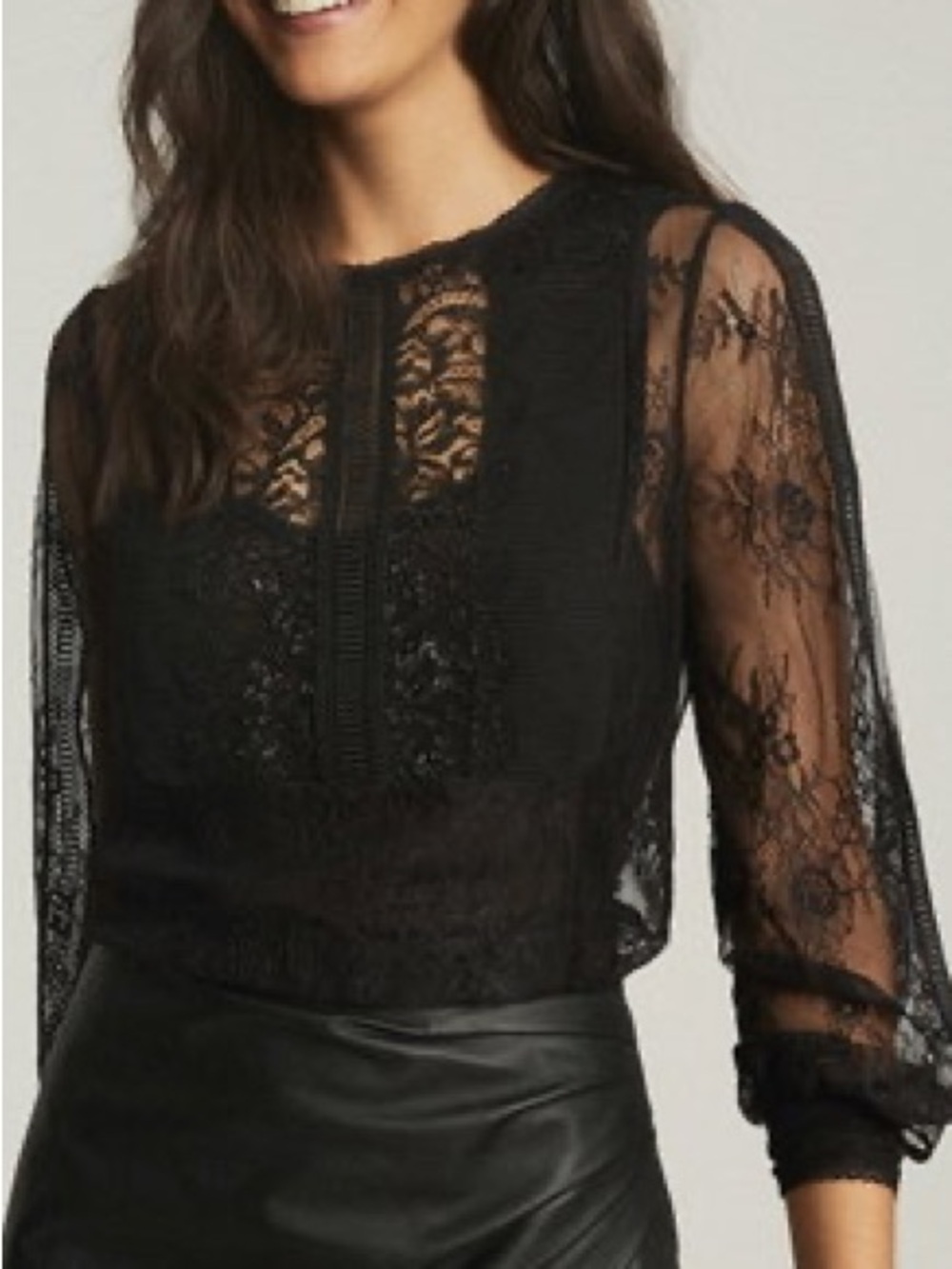 Reiss Serena Sheer Lace Long Sleeve Blouse Black Size 10